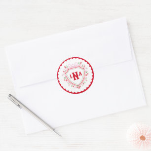 Coquette Kersen Monogram Wapen Bruiloftsdouche Ronde Sticker