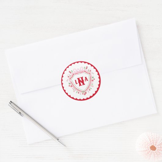 Coquette Kersen Monogram Wenskaart Bruiloft Ronde Sticker (Envelop)