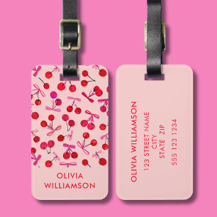 Coquette kersen & roze strik patroon bagagelabel