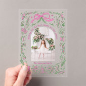 Coquette Kerst Familie Foto Roze Groen Doodle Acryl Uitnodigingen (Insitu (Draagbaar))