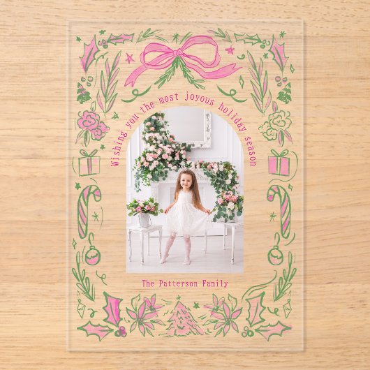 Coquette Kerst Familie Foto Roze Groen Doodle Acryl Uitnodigingen (Voorkant)