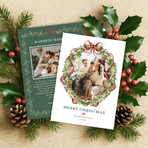 Coquette Kerstkrans Rode Strik Familie Foto Feestdagenkaart