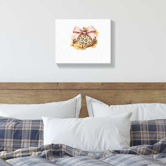 Coquette Leopard Pompoen met Roze Bow – Glam Herfs Canvas Afdruk (Insitu (Slaapkamer))