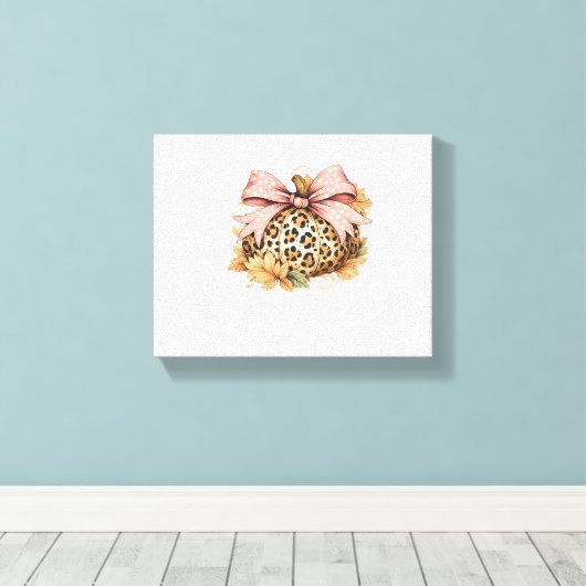 Coquette Leopard Pompoen met Roze Bow – Glam Herfs Canvas Afdruk (Insitu (Houten vloer))