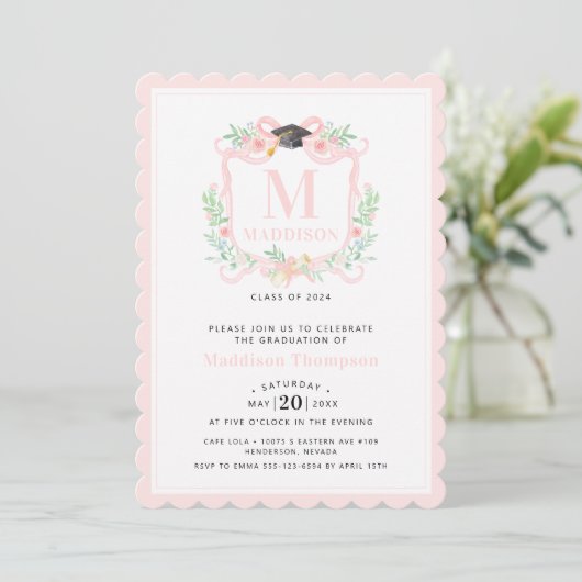 Coquette lint Afstuderen Monogram Crest Kaart (Staand voorkant)