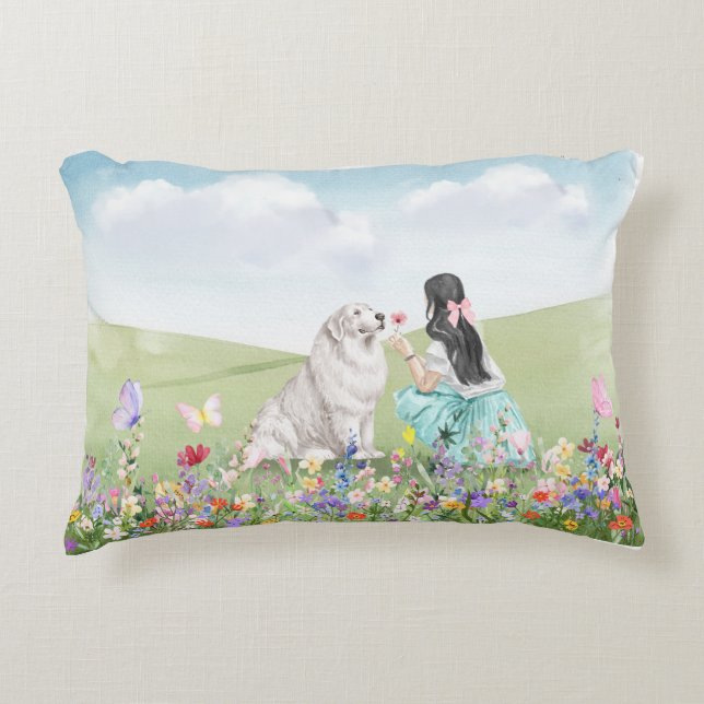 Coquette Meisje en Hond Spring Meadow Accent Kusse Accent Kussen (Voorkant)