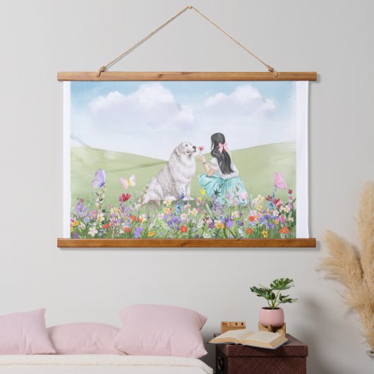 Coquette Meisje en Hond Spring Meadow Tapestry Hangend Wandkleed (Slaapkamer)