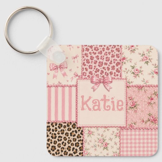 Coquette Patchwork Bloemige Luipaard Sleutelhanger (Voorkant)
