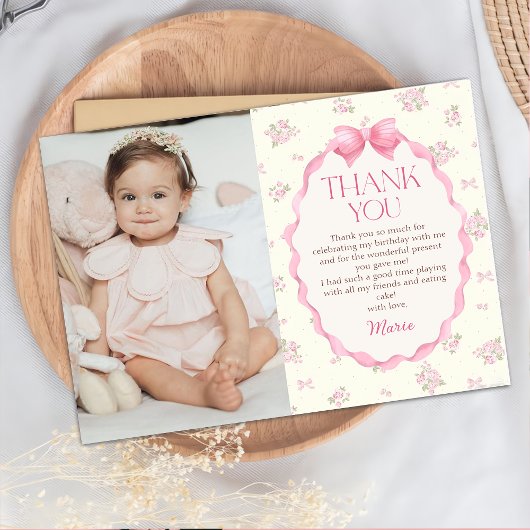 Coquette Pink Bow Anniversaire Photo Carte de reme