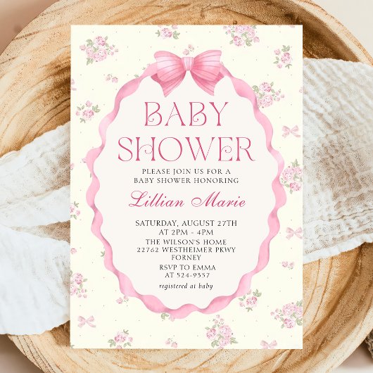 Coquette Pink Bow Baby Shower Invitation