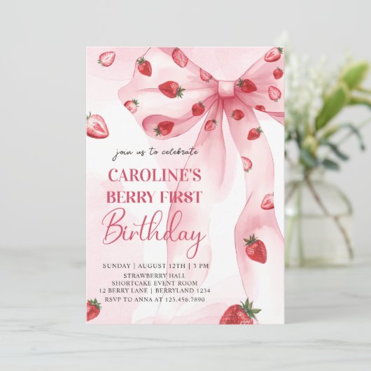 Coquette Pink Bow Berry Invitation d'anniversaire (Debout devant)