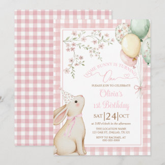 Coquette Pink Bow Bunny Rabbit Girl 1st Birthday Kaart