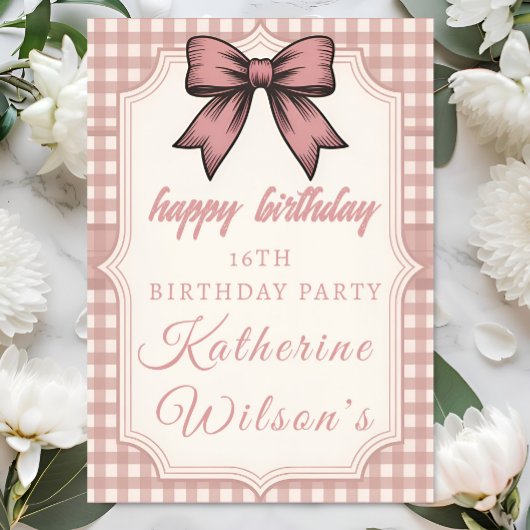 Coquette Pink Bow & Gingham Sweet 16  Kaart