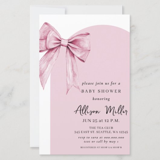 Coquette Pink Bow Girl Baby Shower invitation (Voorkant)
