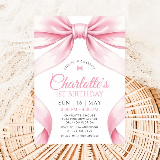 Coquette Pink Bow Girl First Birthday Invitation
