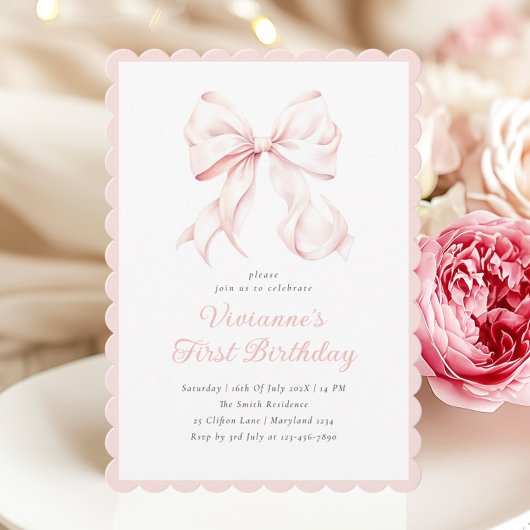 Coquette Pink Bow Girl First Birthday Invitation