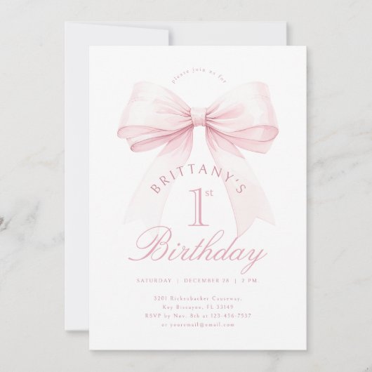Coquette Pink Bow Invitation pour le premier anniv (Devant)