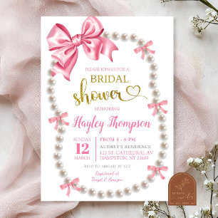 Coquette Pink Bow Pearls Bridal Show Invitation