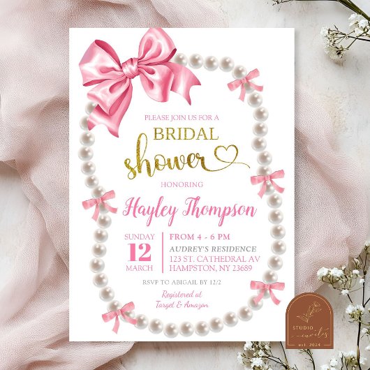 Coquette Pink Bow Pearls Bridal Show Invitation