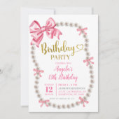 Coquette Pink Bow Pearls Invitation de fête d'anni (Devant)
