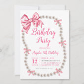 Coquette Pink Bow Pearls Invitation de fête d'anni (Devant)