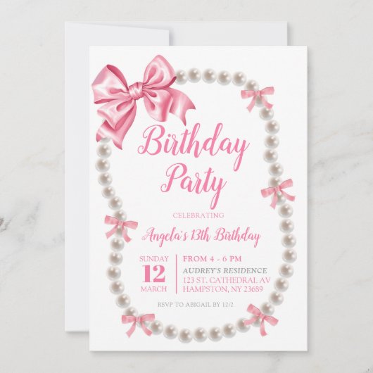 Coquette Pink Bow Pearls Invitation de fête d'anni (Devant)