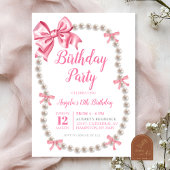 Coquette Pink Bow Pearls Invitation de fête d'anni