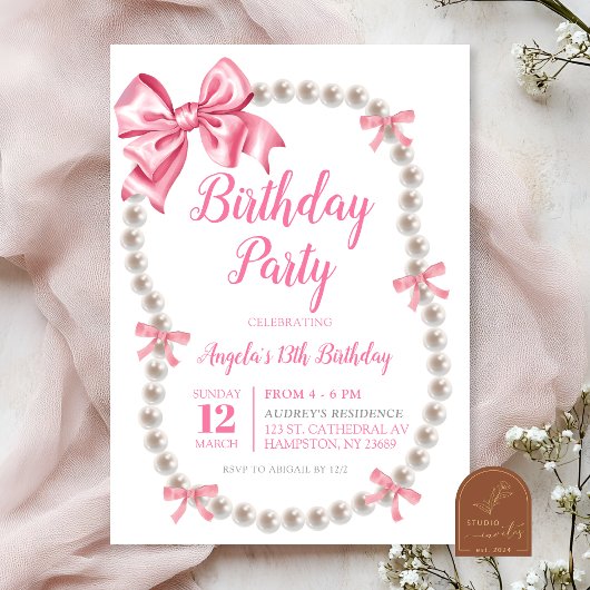 Coquette Pink Bow Pearls Invitation de fête d'anni