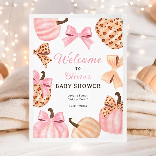 Coquette Pink Bow Pumpkin baby shower welkom Poster