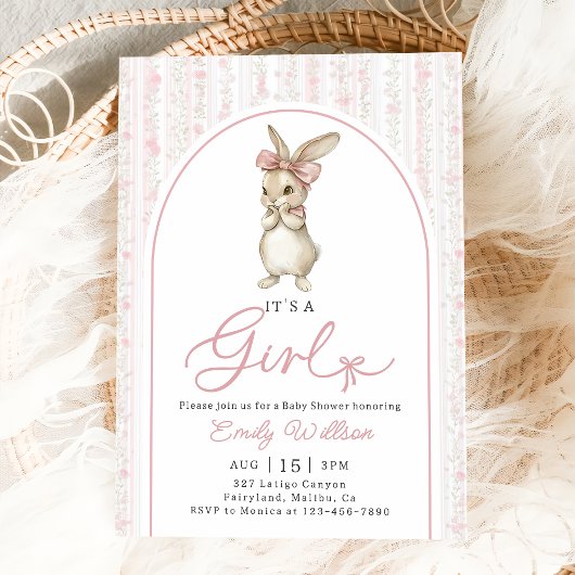 Coquette Pink Bunny Girl Baby Shower Invitation