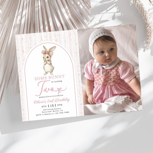 Coquette Pink Bunny Rabbit 2nd Birthday Invitation Kaart