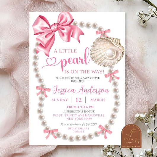Coquette Pink Girl Pearls Baby shower Invitation
