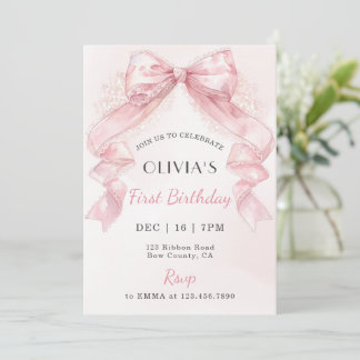 Coquette Pink Lace Bow Girl First Birthday Kaart