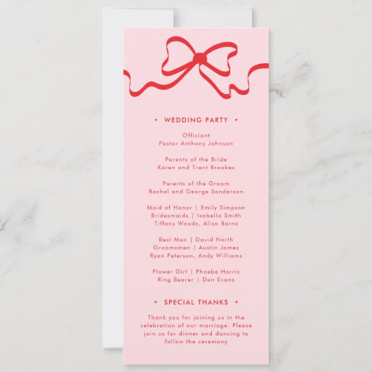 Coquette Pink Red Bow Wedding Programme (Dos)
