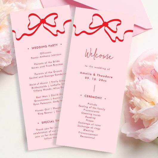 Coquette Pink Red Bow Wedding Programme
