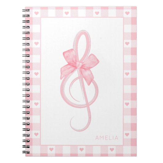 Coquette Pink Treble Clef Bow Gingham Patroon Notitieboek (Voorkant)