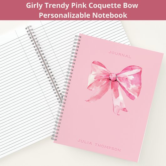 Coquette Pink Watercolor Bow Girl Journal
