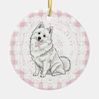 Coquette Pomeranian Dog Pink Gingham Bows Keramisch Ornament