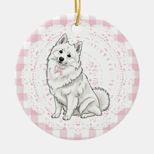 Coquette Pomeranian Dog Pink Gingham Bows Keramisch Ornament (Voorkant)