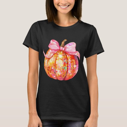 Coquette Pumpkin Bow Disco Ball Cute Girly Hallowe T-shirt (Voorkant)