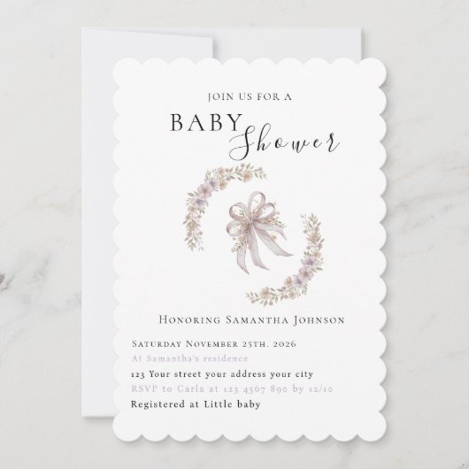 Coquette purple bow baby shower Invitation  (Devant)