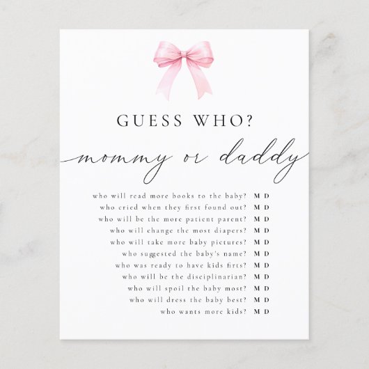 Coquette Raad Wie Mama of Daddy Baby shower Spel (Voorkant)
