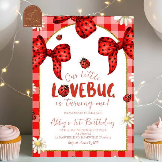 Coquette Red Bow Lovebug First Birthday Invitation
