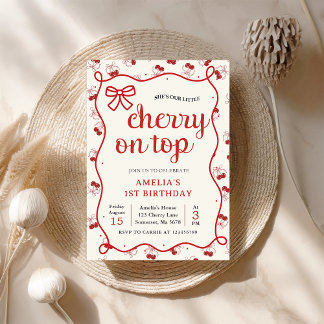 Coquette Red Cherry 1st Verjaardag Party Uitnodigi Kaart
