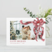 Coquette Red Plaid Gift Bow Foto Kerst Kaart (Staand voorkant)