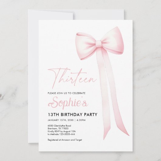 Coquette rose Bow 13e anniversaire Invitation (Devant)