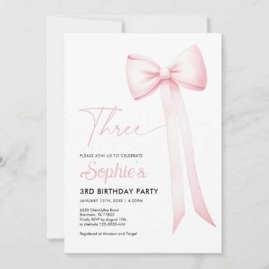 Coquette rose Bow 3e invitation anniversaire (Devant)