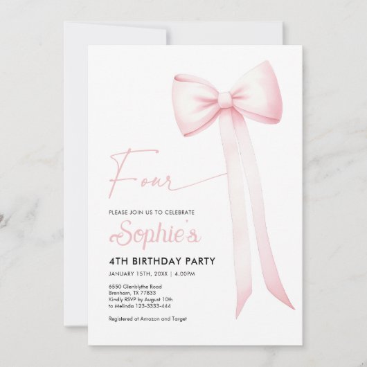 Coquette rose Bow 4e invitation anniversaire (Devant)