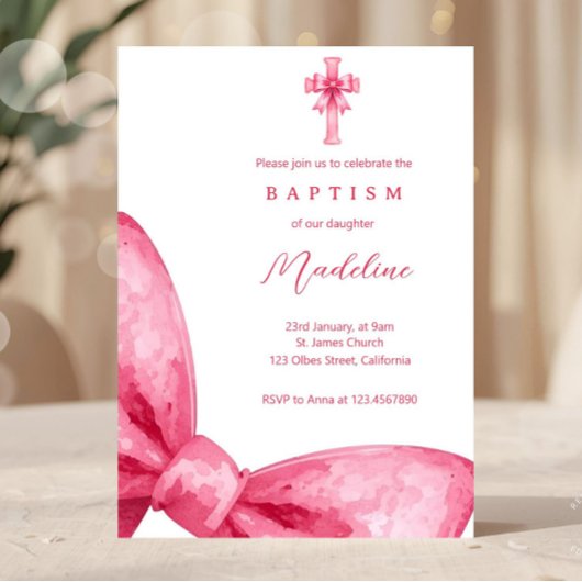 Coquette Rose Bow Girls Baptism Invitation