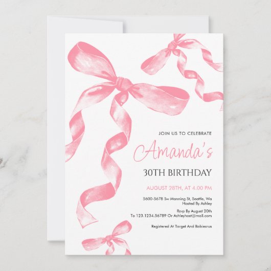 Coquette Rose Bow Invitation Anniversaire (Devant)